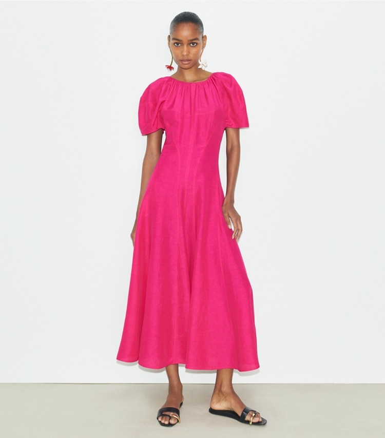 Tory Burch designer dresses Balloon Sleeve Linen Dress in Bold Pink on model front