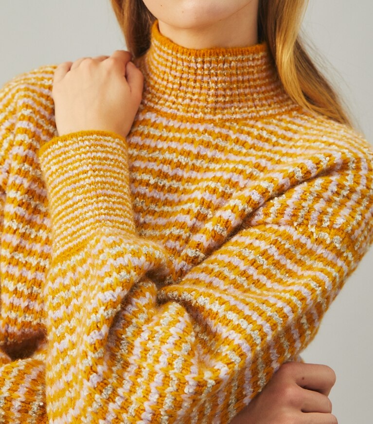 Tory Burch designer sweaters Balloon Sleeve Turtleneck Sweater in Gold Sun front