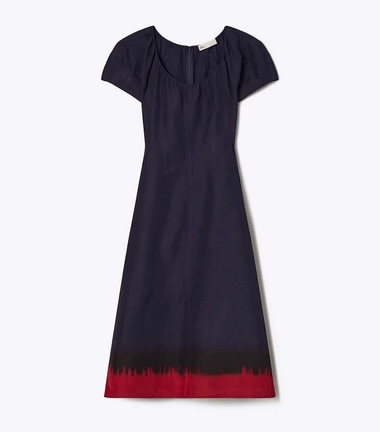 Tory Burch designer dresses Balloon Sleeve Viscose Dress in Medium Navy / Red front