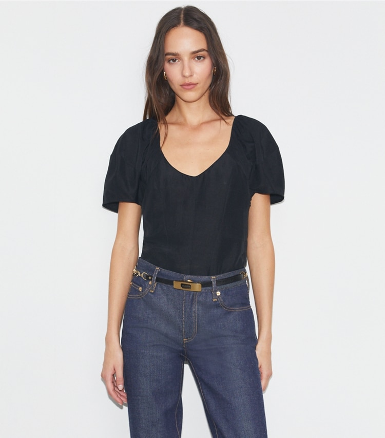 Tory Burch designer tops Balloon Sleeve Viscose Top in Black on model detail