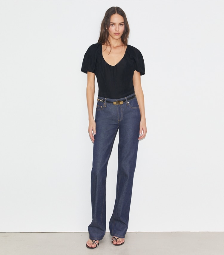 Tory Burch designer tops Balloon Sleeve Viscose Top in Black on model front