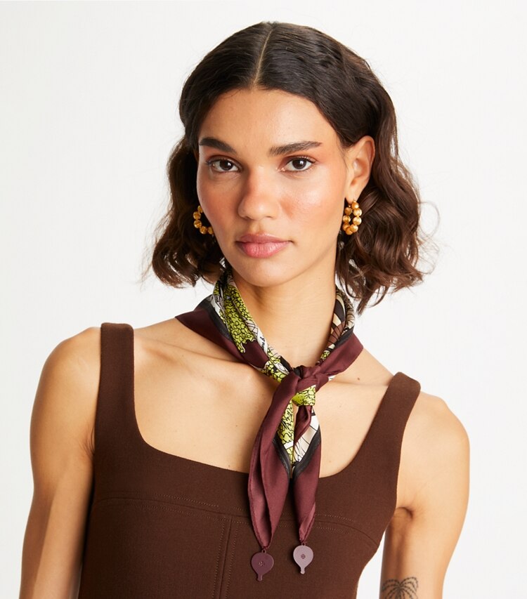 Tory Burch designer scarves Balloons In the Sky Silk Neckerchief in Chartreuse accessory on model