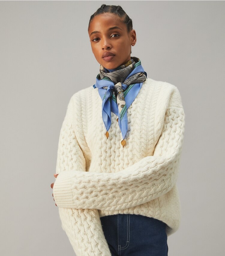 Tory Burch designer scarves Balloons In the Sky Silk Square Scarf  in Blue Marina accessory on model