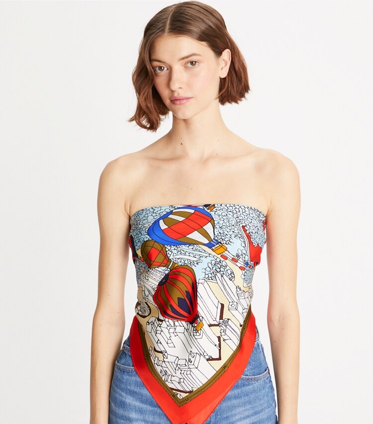 Tory Burch designer scarves Balloons In the Sky Silk Square Scarf in RED accessory on model