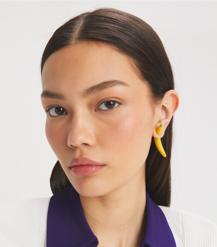 Tory Burch designer earrings Banana Earring in Yellow accessory on model