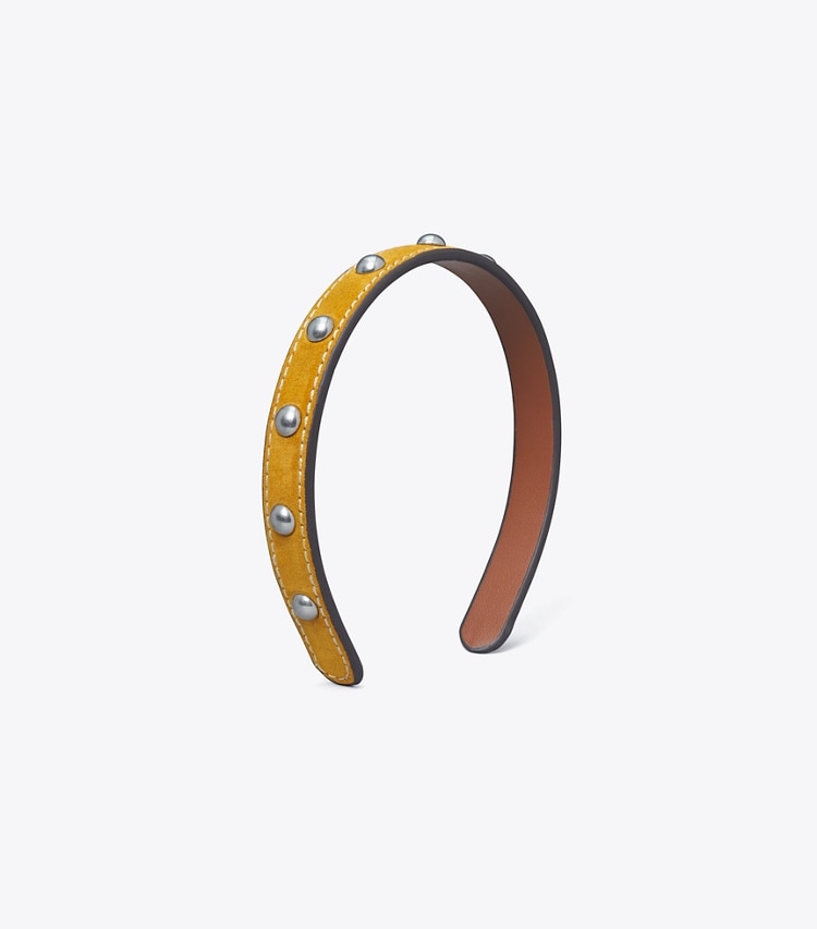 Tory Burch designer épingles à cheveux Bandeau clouté dans Antique Tory Silver/Mustard de face