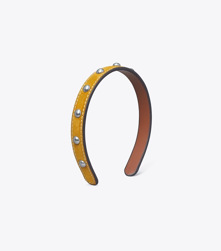 Tory Burch designer épingles à cheveux Bandeau clouté dans Antique Tory Silver/Mustard de face