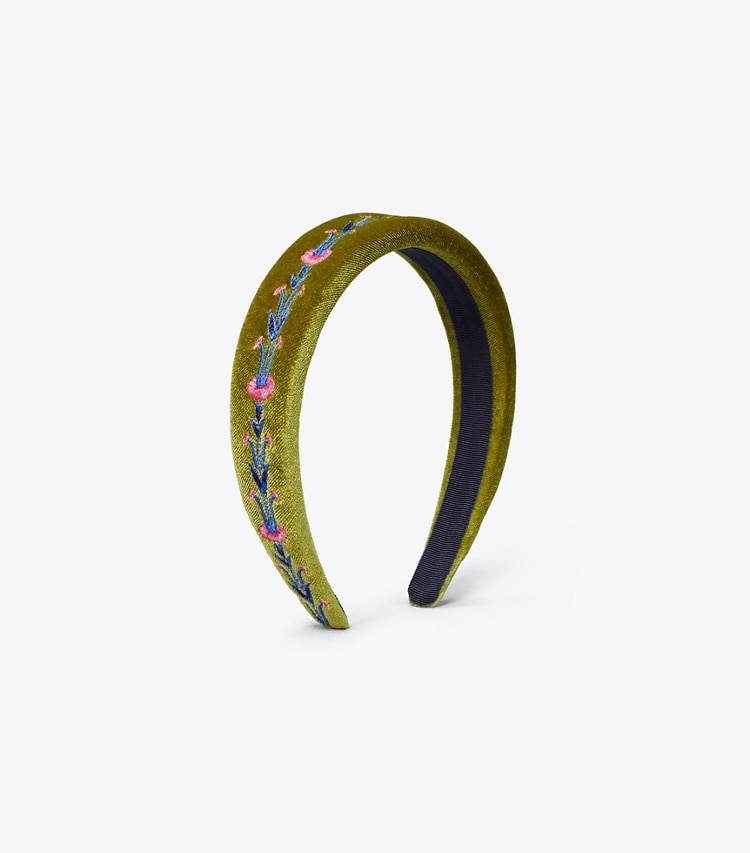 Tory Burch designer épingles à cheveux Bandeau Roxanne dans Rolled Brass / Green Trumpet Vines de face