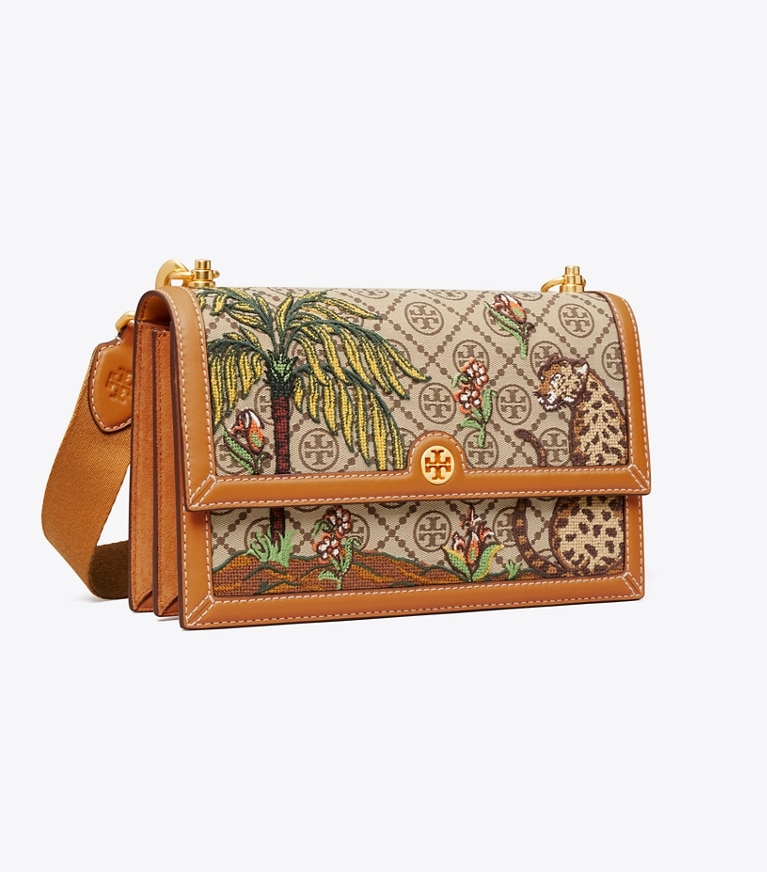 Tory Burch diseñador bolsos de hombro Bandolera con monograma de T de jacquard bordado en Hazel ángulo