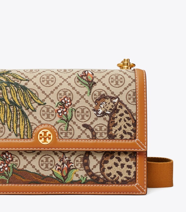 Tory Burch diseñador bolsos de hombro Bandolera con monograma de T de jacquard bordado en Hazel detalle