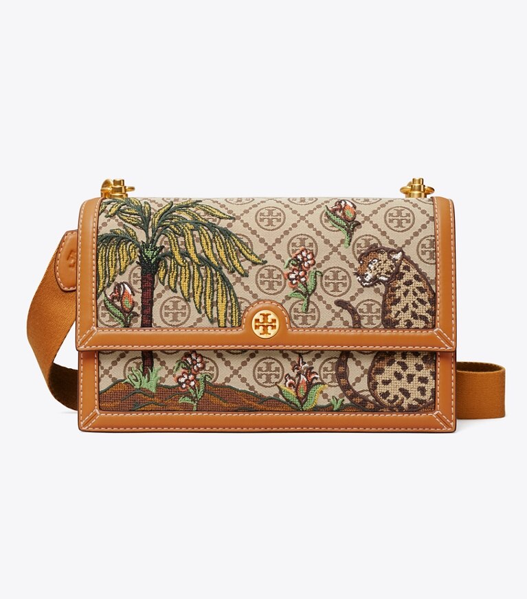 Tory Burch diseñador bolsos de hombro Bandolera con monograma de T de jacquard bordado en Hazel frontal
