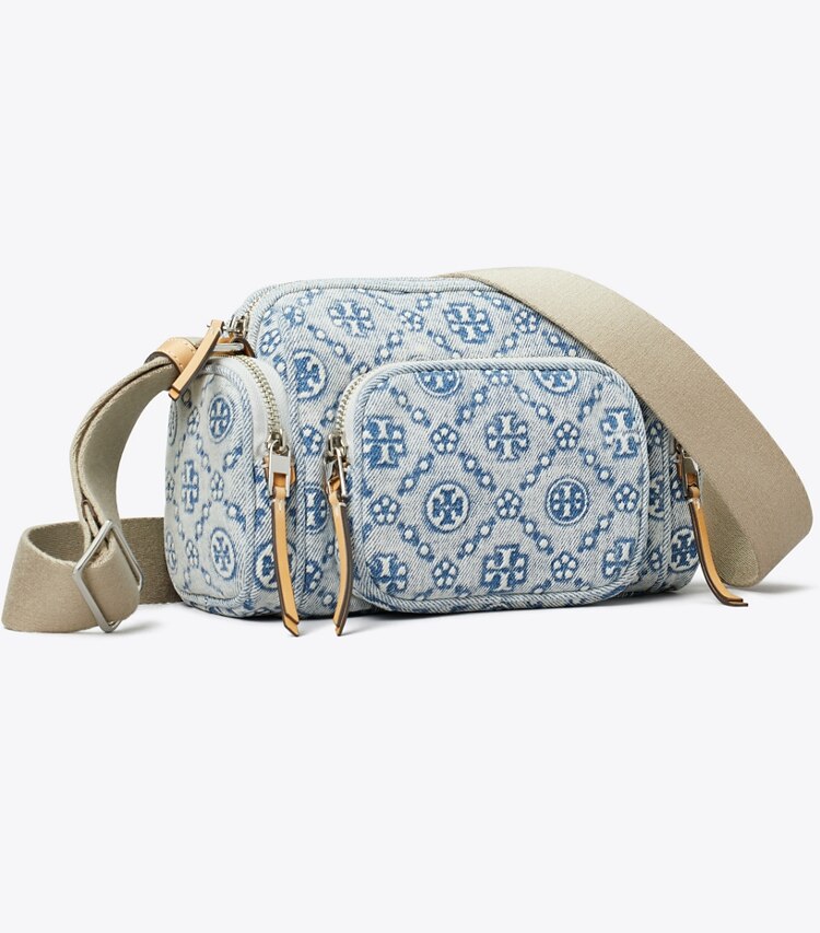Tory Burch diseñador bolsos bandolera Bandolera de denim con bolsillo y monograma T en Powder Blue ángulo
