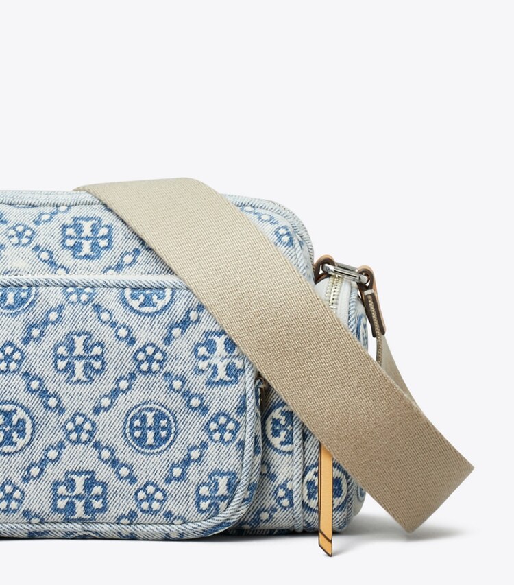 Tory Burch diseñador bolsos bandolera Bandolera de denim con bolsillo y monograma T en Powder Blue detalle