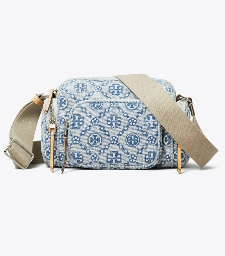 Tory Burch diseñador bolsos bandolera Bandolera de denim con bolsillo y monograma T en Powder Blue frente