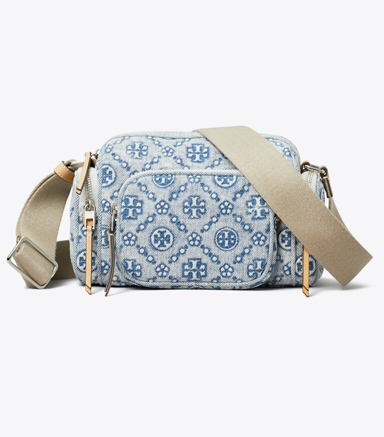 Tory Burch diseñador bolsos bandolera Bandolera de denim con bolsillo y monograma T en Powder Blue frente