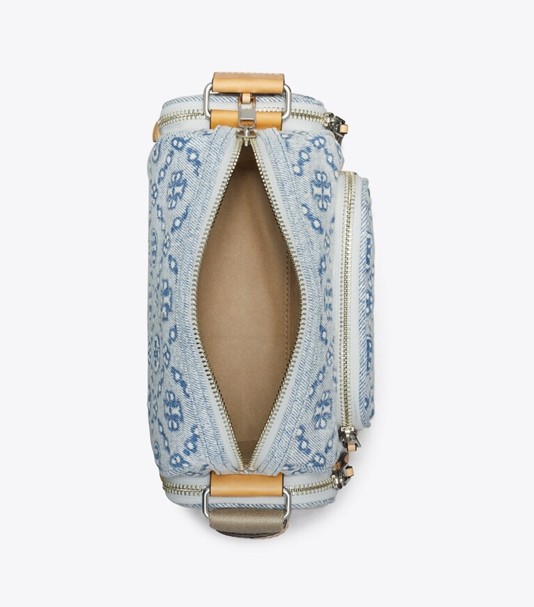 Tory Burch diseñador bolsos bandolera Bandolera de denim con bolsillo y monograma T en Powder Blue vista superior