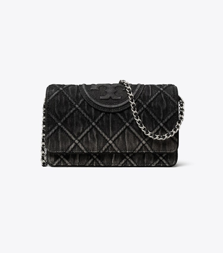 Tory Burch diseñador bolsos bandolera Bandolera de denim con cadena Fleming en Black frente