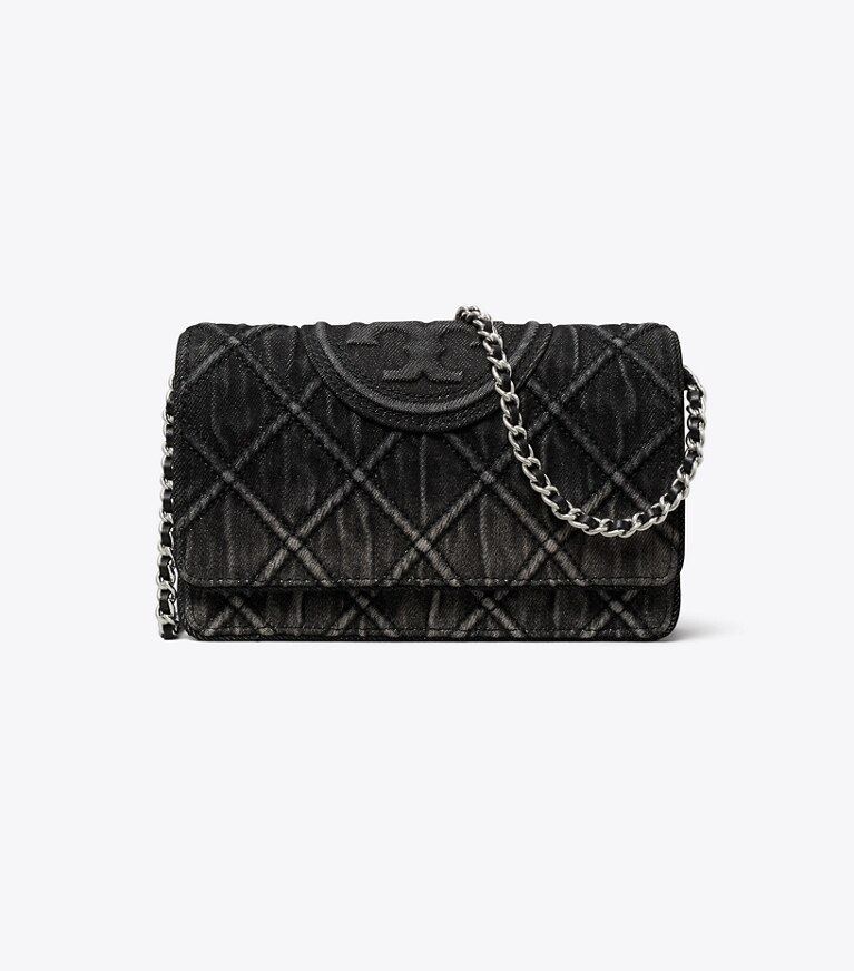 Tory Burch diseñador bolsos bandolera Bandolera de denim con cadena Fleming en Black frente
