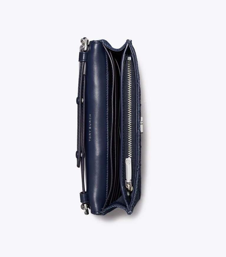 Tory Burch diseñador bolsos bandolera Bandolera de denim con dijes y cadena Fleming en Blue vista superior