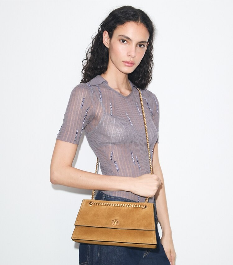 Tory Burch diseñador bolsos de hombro Bandolera de gamuza con broche giratorio Kira en Toffee adicional en modelo