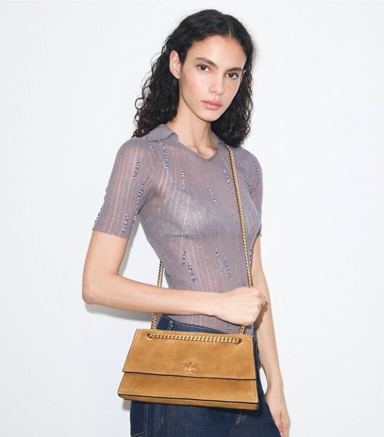 Tory Burch diseñador bolsos de hombro Bandolera de gamuza con broche giratorio Kira en Toffee adicional en modelo