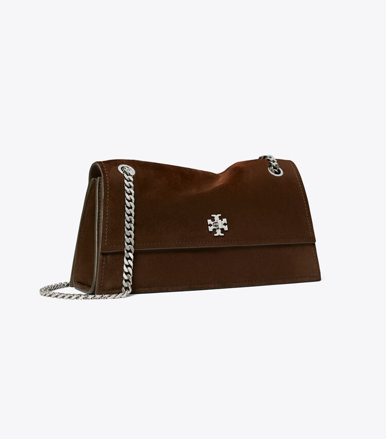 Tory Burch diseñador bolsos de hombro Bandolera de gamuza con broche giratorio Kira en Dark Cocoa ángulo