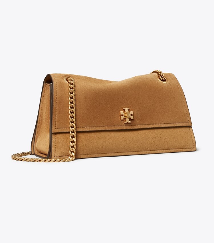 Tory Burch diseñador bolsos de hombro Bandolera de gamuza con broche giratorio Kira en Toffee ángulo