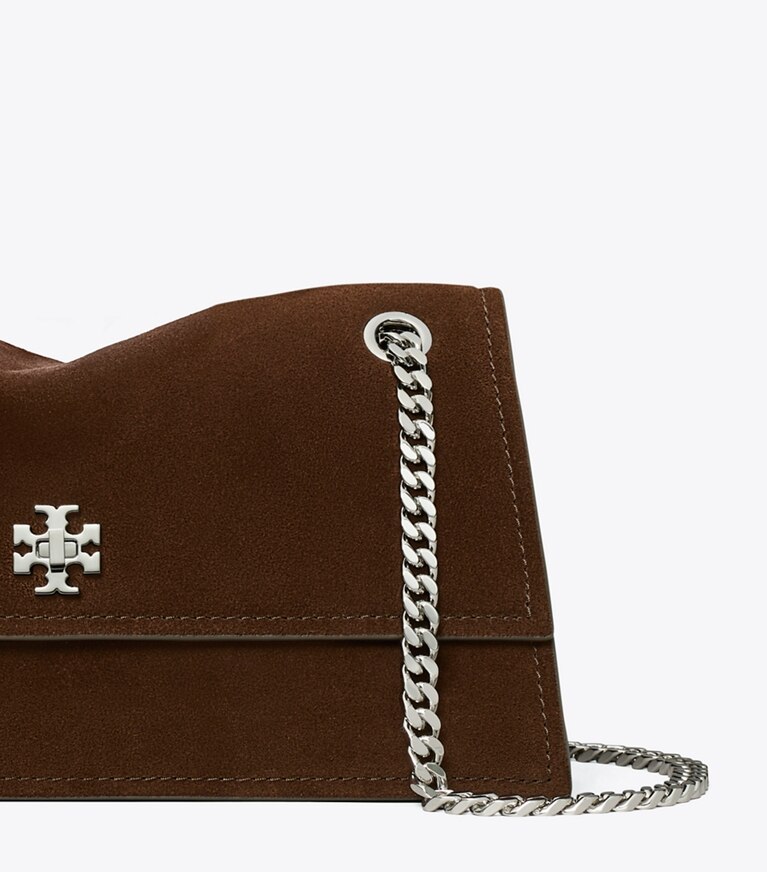 Tory Burch diseñador bolsos de hombro Bandolera de gamuza con broche giratorio Kira en Dark Cocoa detalle