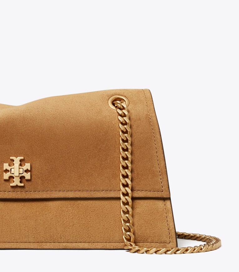 Tory Burch diseñador bolsos de hombro Bandolera de gamuza con broche giratorio Kira en Toffee detalle