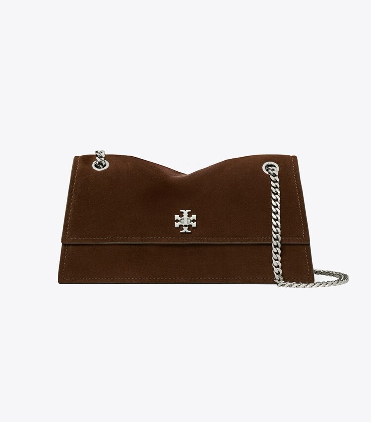 Tory Burch diseñador bolsos de hombro Bandolera de gamuza con broche giratorio Kira en Dark Cocoa frente