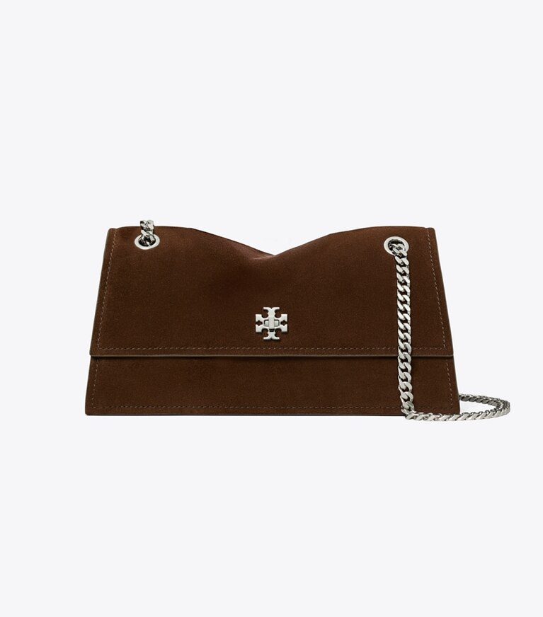 Tory Burch diseñador bolsos de hombro Bandolera de gamuza con broche giratorio Kira en Dark Cocoa frente