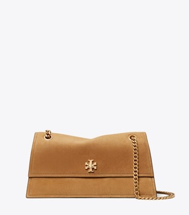 Tory Burch diseñador bolsos de hombro Bandolera de gamuza con broche giratorio Kira en Toffee frente