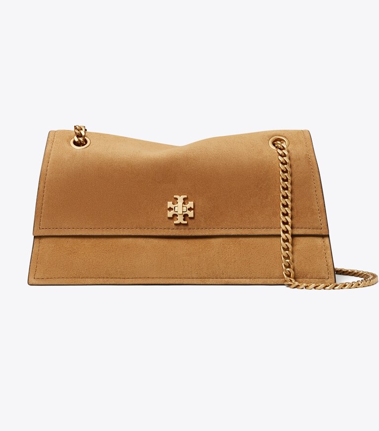 Tory Burch diseñador bolsos de hombro Bandolera de gamuza con broche giratorio Kira en Toffee frente