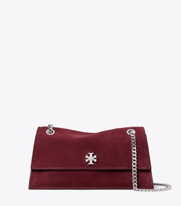 Tory Burch diseñador bolsos de hombro Bandolera de gamuza con broche giratorio Kira en Merlot frente