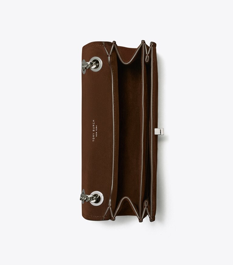 Tory Burch diseñador bolsos de hombro Bandolera de gamuza con broche giratorio Kira en Dark Cocoa vista superior