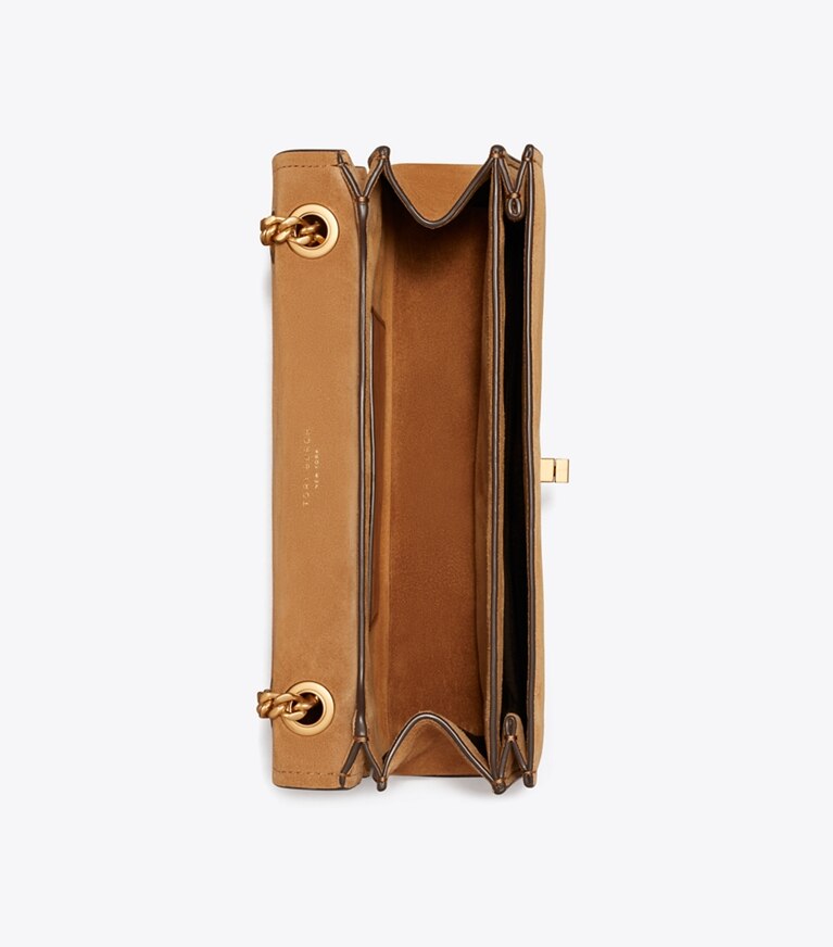 Tory Burch diseñador bolsos de hombro Bandolera de gamuza con broche giratorio Kira en Toffee vista superior