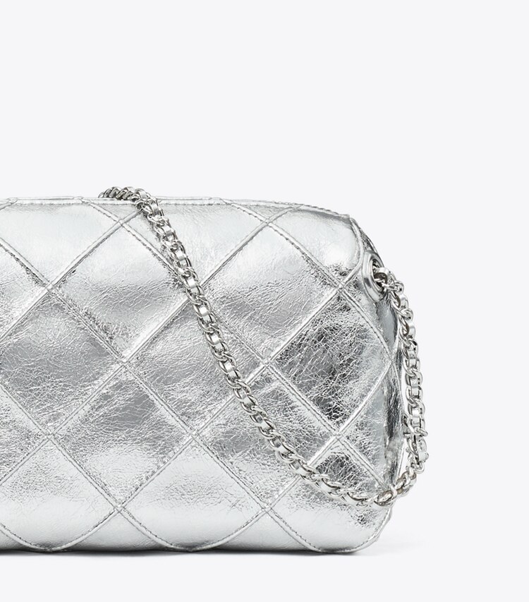 Tory Burch diseñador bolsos bandolera Bandolera metalizada suave Fleming en Silver detalle