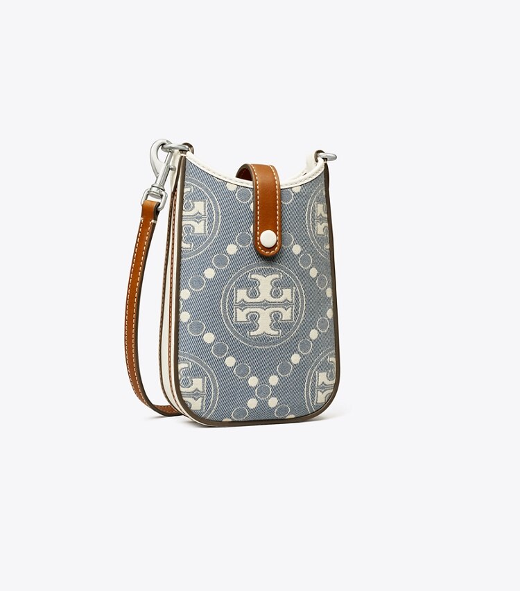 Tory Burch diseñador minibolsos Bandolera para teléfono de denim con monograma de T en Pearl Blue ángulo