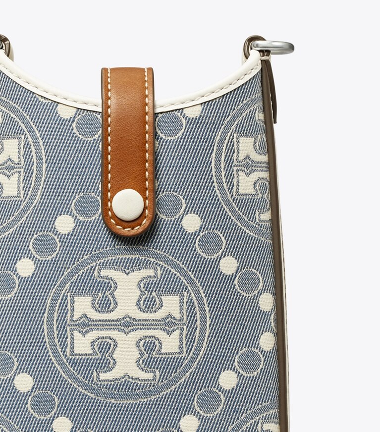 Tory Burch diseñador minibolsos Bandolera para teléfono de denim con monograma de T en Pearl Blue detalle
