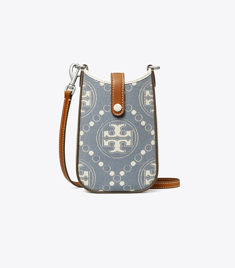 Tory Burch diseñador minibolsos Bandolera para teléfono de denim con monograma de T en Pearl Blue frontal