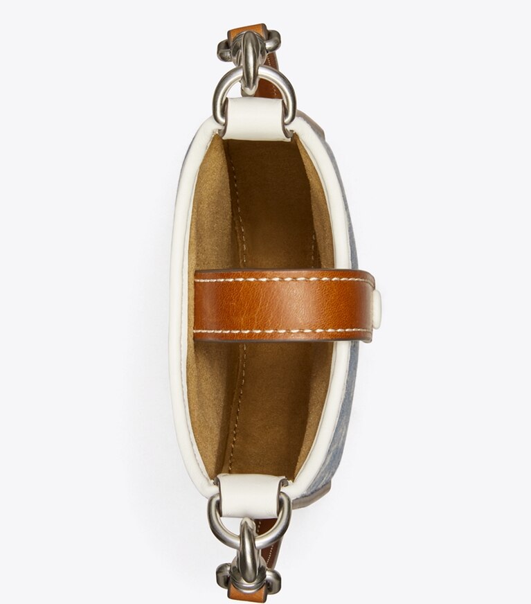 Tory Burch diseñador minibolsos Bandolera para teléfono de denim con monograma de T en Pearl Blue desde arriba
