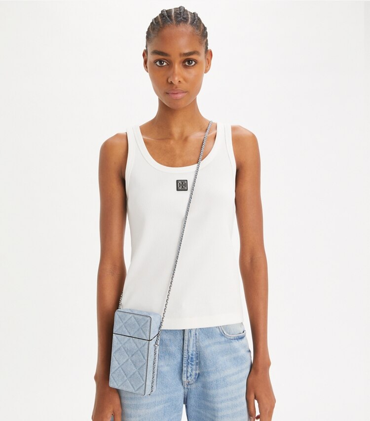 Tory Burch diseñador minibolsos Bandolera para teléfono de gamuza con estampado de denim Fleming en Denim accesorio en modelo