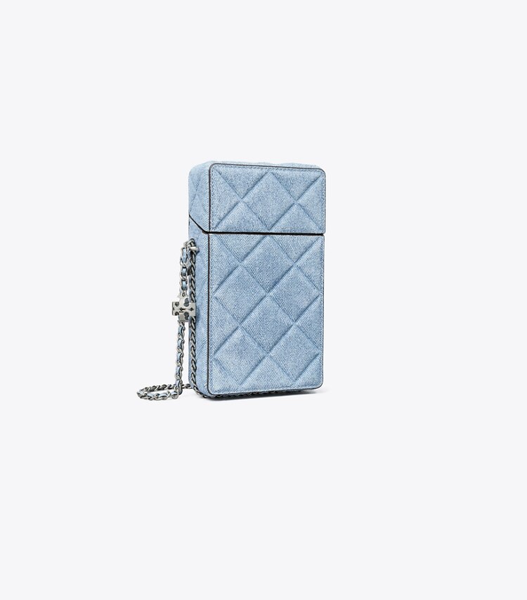 Tory Burch diseñador minibolsos Bandolera para teléfono de gamuza con estampado de denim Fleming en Denim ángulo