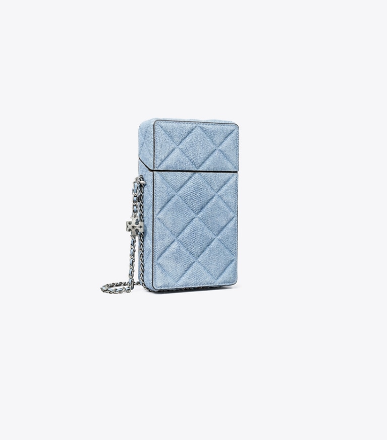 Tory Burch diseñador minibolsos Bandolera para teléfono de gamuza con estampado de denim Fleming en Denim ángulo