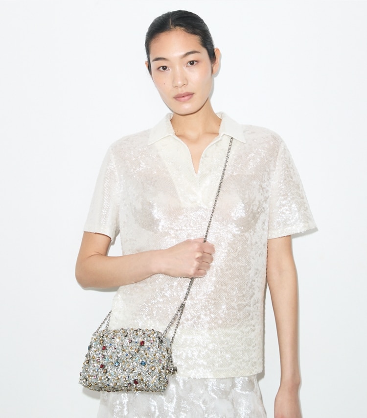 Tory Burch diseñador bolsos bandolera Bandolera suave con adornos Fleming en Multi Stone accesorio en modelo