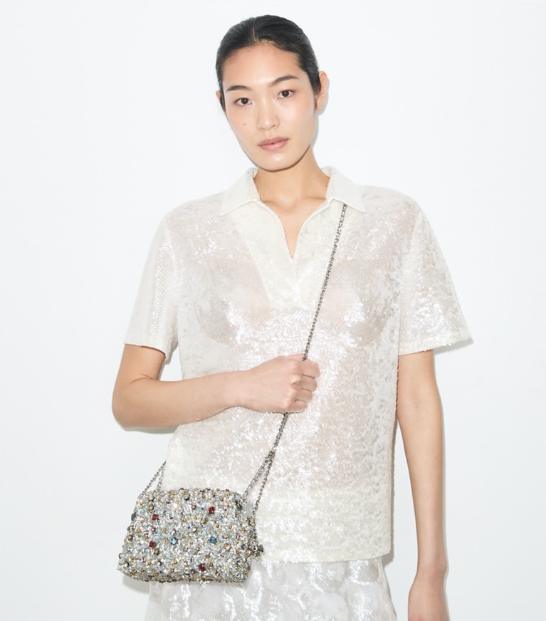Tory Burch diseñador bolsos bandolera Bandolera suave con adornos Fleming en Multi Stone accesorio en modelo
