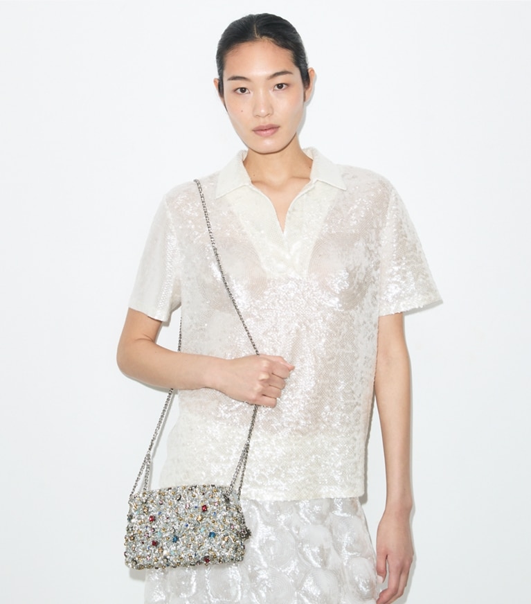 Tory Burch diseñador bolsos bandolera Bandolera suave con adornos Fleming en Multi Stone adicional en modelo