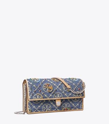 Tory Burch diseñador bolsos bandolera Bandolera tipo cartera T Monogram de mezclilla con adornos en Deep Royal ángulo
