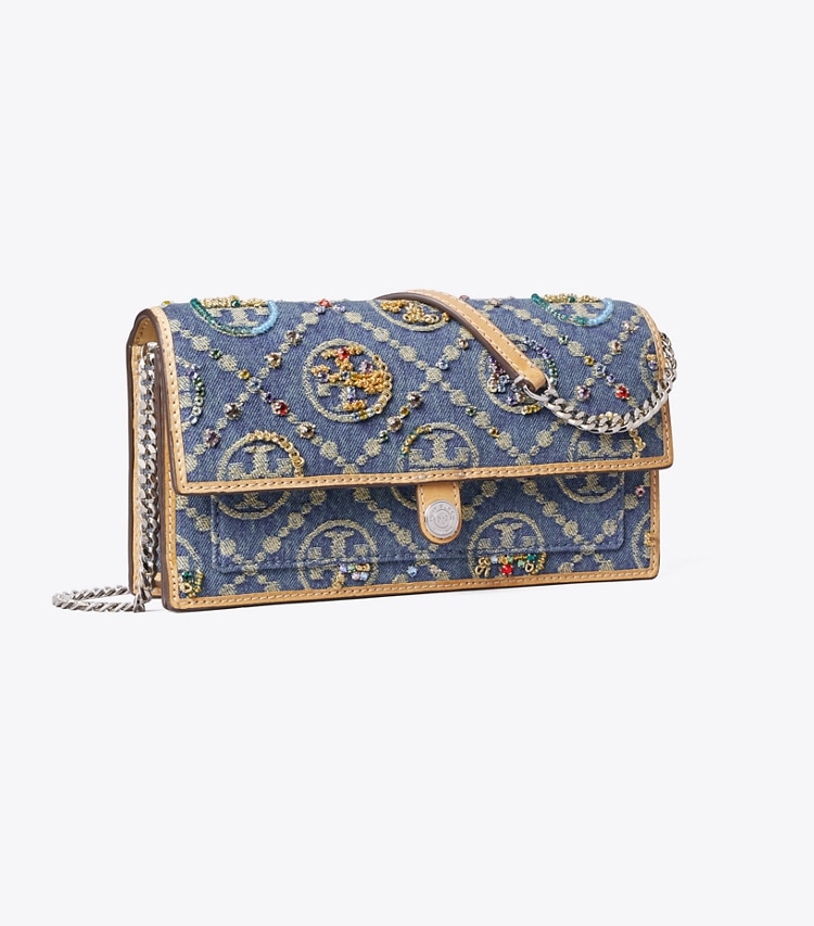 Tory Burch diseñador bolsos bandolera Bandolera tipo cartera T Monogram de mezclilla con adornos en Deep Royal ángulo