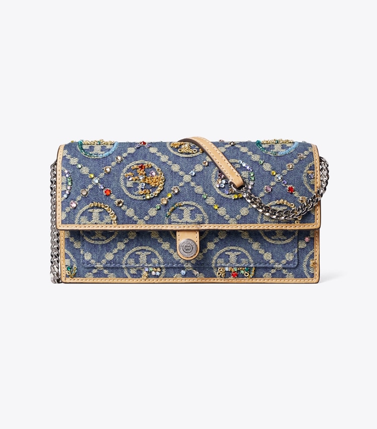 Tory Burch diseñador bolsos bandolera Bandolera tipo cartera T Monogram de mezclilla con adornos en Deep Royal frente